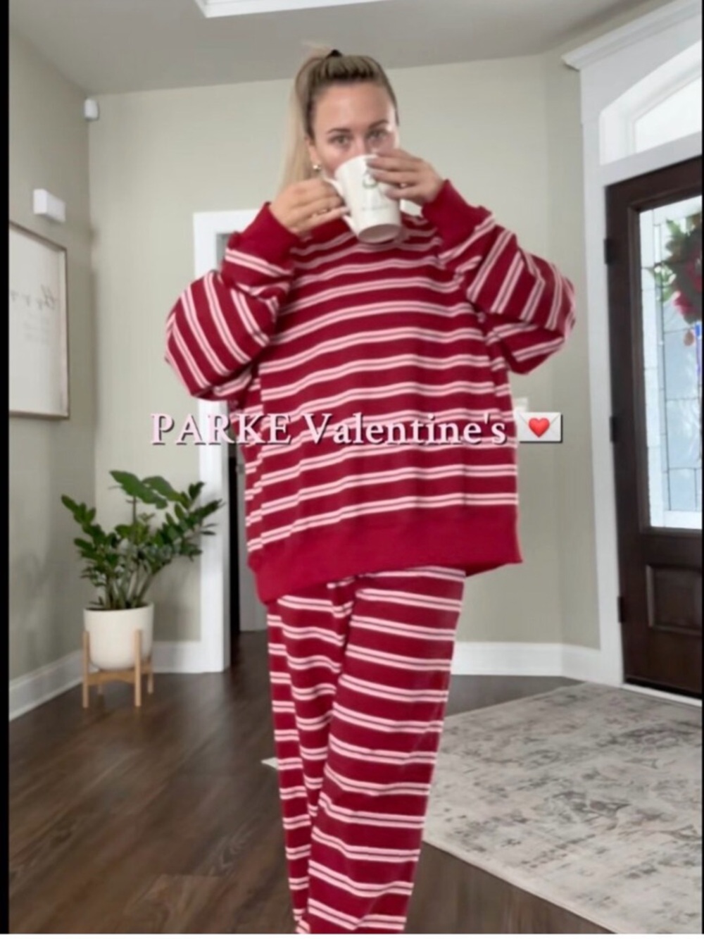 Striped Red & White Oversized Sweatshirt - Women's Cozy Pullover - Picture 6 of 7